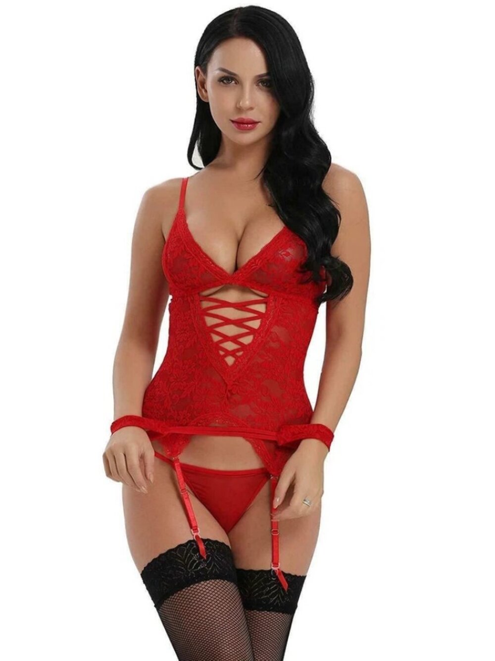 Women's Sexy Lingerie Lace Mesh Corset V-Neck Teddy Babydoll Sleepwear Thong Set - Picture 5 of 12